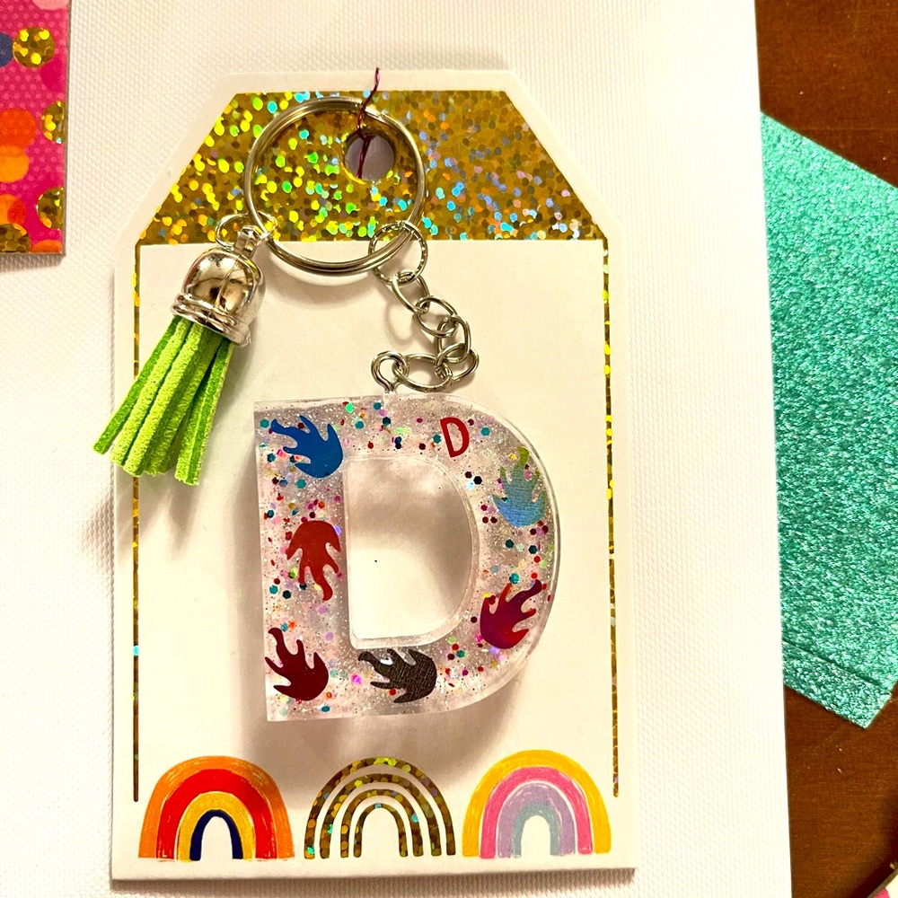 Flames letter D, glitter resin keychain‎